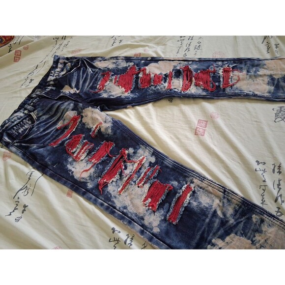 Smoke Rise Jeans Mens 34x32 Blue Denim Distressed Graphic Streetwear Punk - Picture 4 of 8